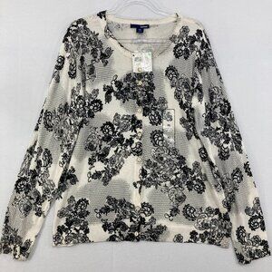 New Basic Editions sz XL Black White Floral Abstract Light Knit Button Cardigan